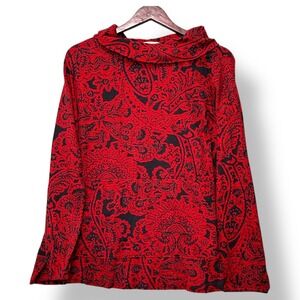 Soft Surroundings Red Black Paisley Cowl Neck Pullover Top XL Boho Lagenlook